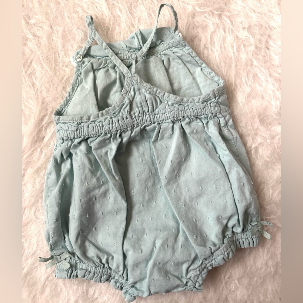 Sage Green Baby Summer Romper with Dainty Ruffles & Swiss Dot Details - Picture 3 of 3